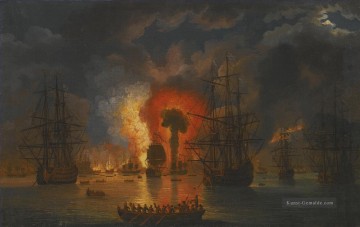 Kriegsschiff Seeschlacht Werke - Jacob Philipp Hackert Untergang der türkischen Flotte in der Schlacht von Tschesme 1771 Seeschlachten